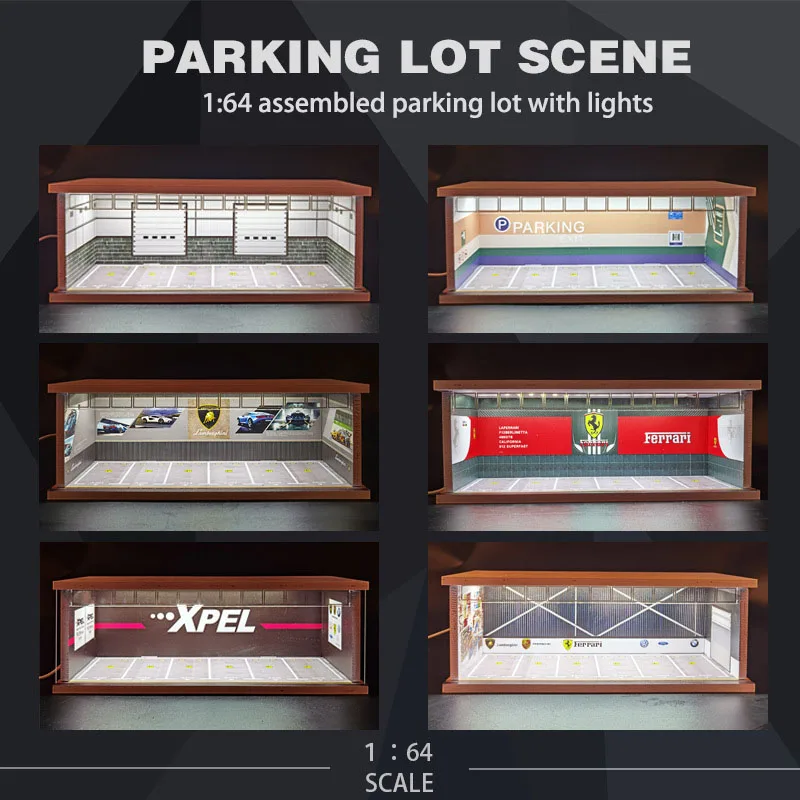 1/64 Car Diorama Garage Parking Lot Model LED Lighting PVC Garage DIY Scene DieCast Car Model Garage for Toy Children Gift