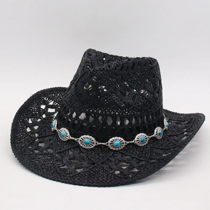 

Summer Beach Bohemian Straw Hat Chain Jewelled for Women Men Western Hats Hollow Out Sun Hat Holiday Cap Panama Jazz Hat