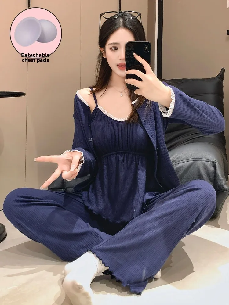 Pure Cotton Sleepwear Set with Chest Pad Women's Long Sleeve Long Pants Home Clothes Sexy  Color Spring Autumn Set
