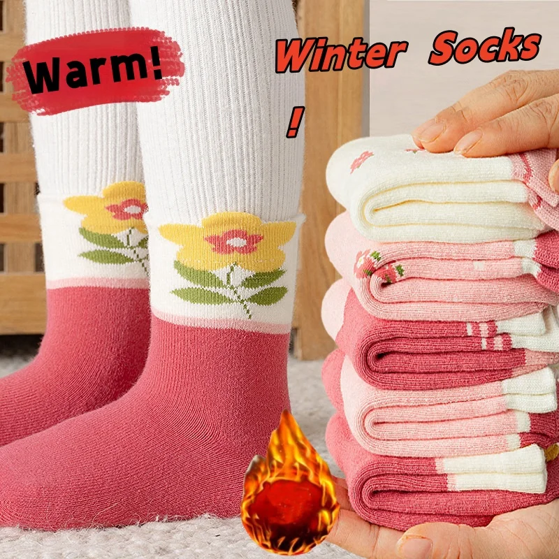 

5 Pairs /lot Winter Socks Warm Socks 2-14T Girls Cute Floral Pattern Thermal Socks Baby Infant Thicken Cotton Socks