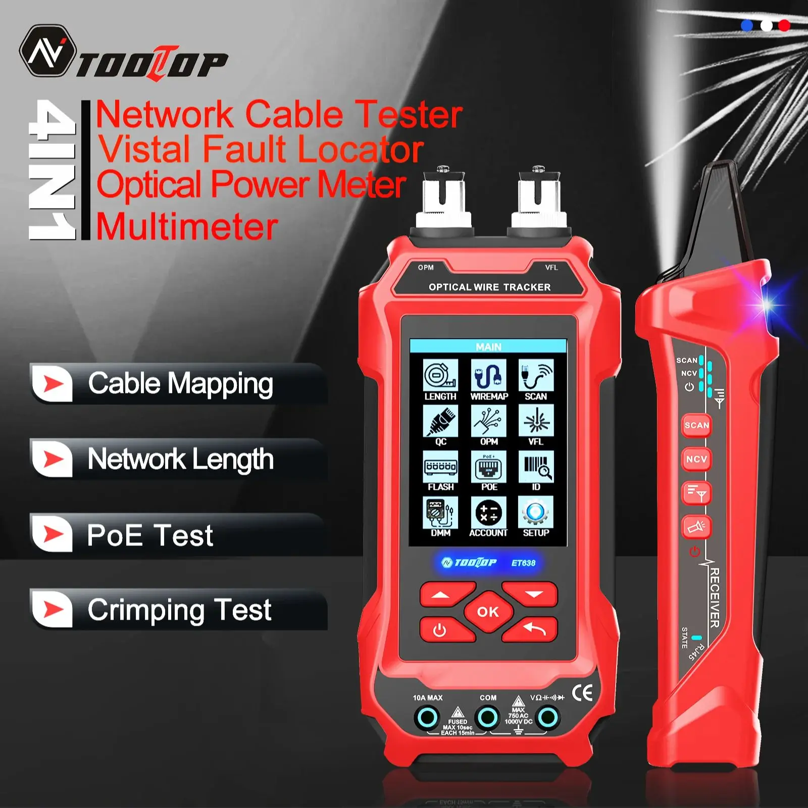 TOOLTOP ET638 Network Cable Tester 4 in 1 Multi-function Fiber Optic Network/Broken Line/LAN Cable Tester Visual Fault Locator