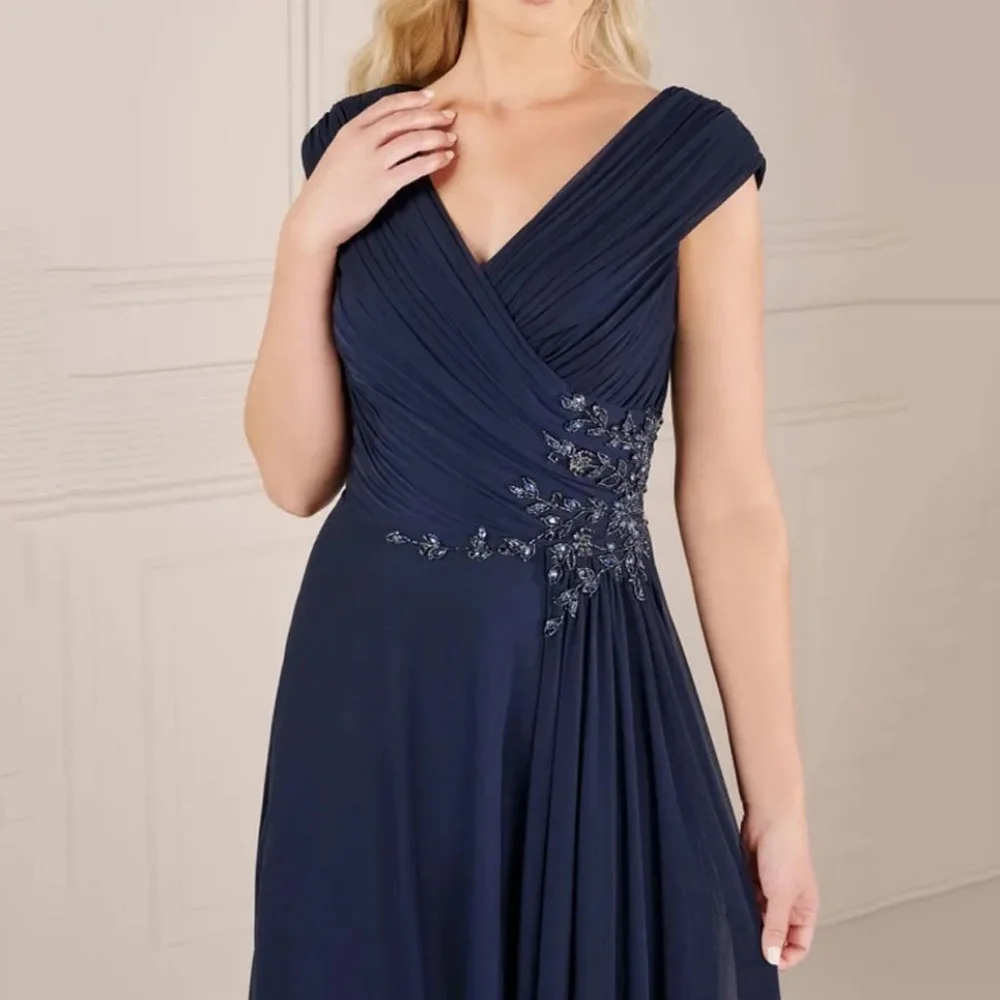 Vestidos para madre personalizados con cuello en V, vestido de fiesta de novia con mangas casquillo, vestidos formales elegantes de cristal, batas invitée mariage