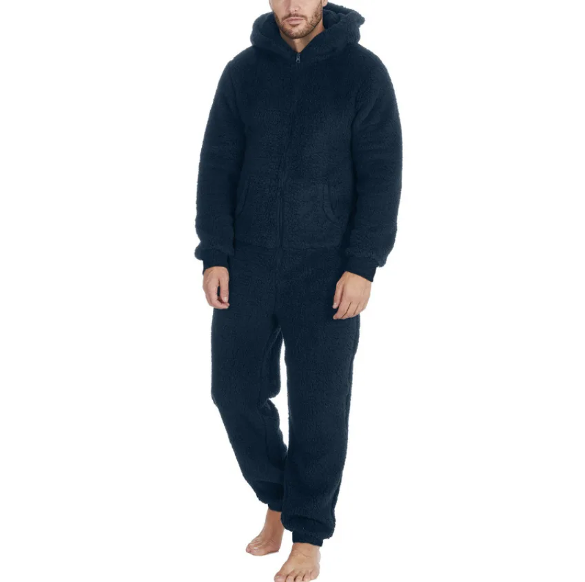 

Men Artificial Wool Long Sleeve Pajamas Casual Solid Color Zipper Loose Hooded Jumpsuit Pajamas Casual Winter Warm Rompe 1