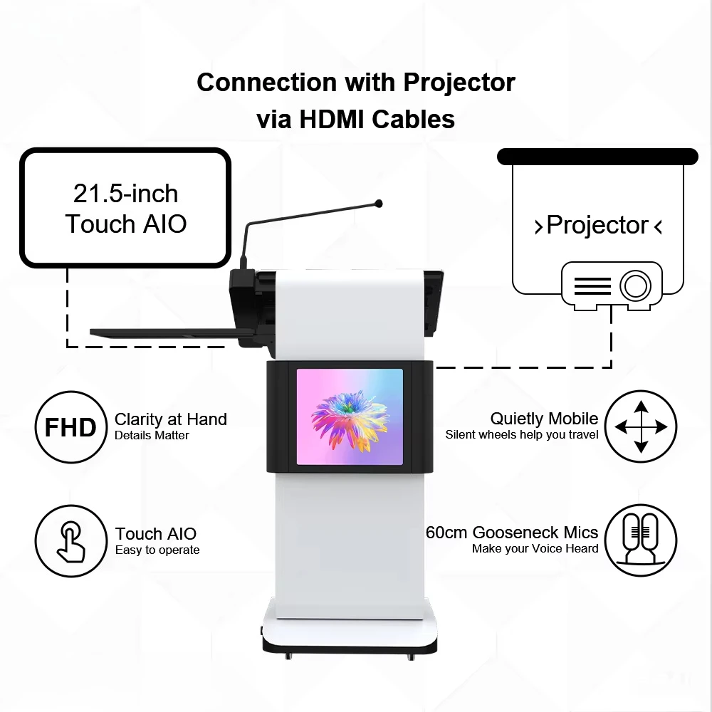 Portable Digital Podium with 21.5 Inch Front Screen Smart Height Adjustable Digital Rostrum in Conference System Lectern