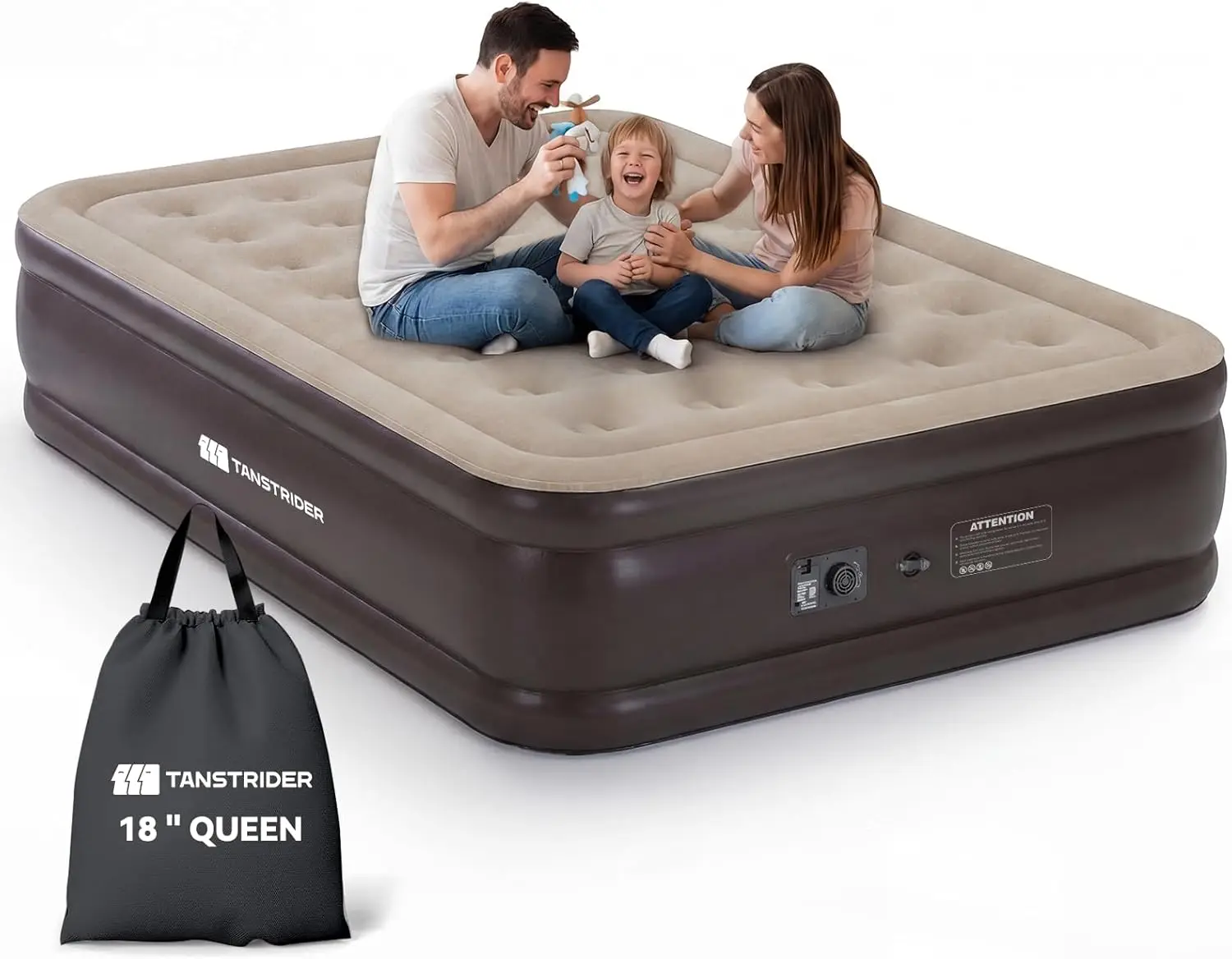 

Queen Air Mattress with Built-in Pump, 18" Raised Blow Up Bed, Quick Inflation/Deflation for Camping Home Guests Travel Brown