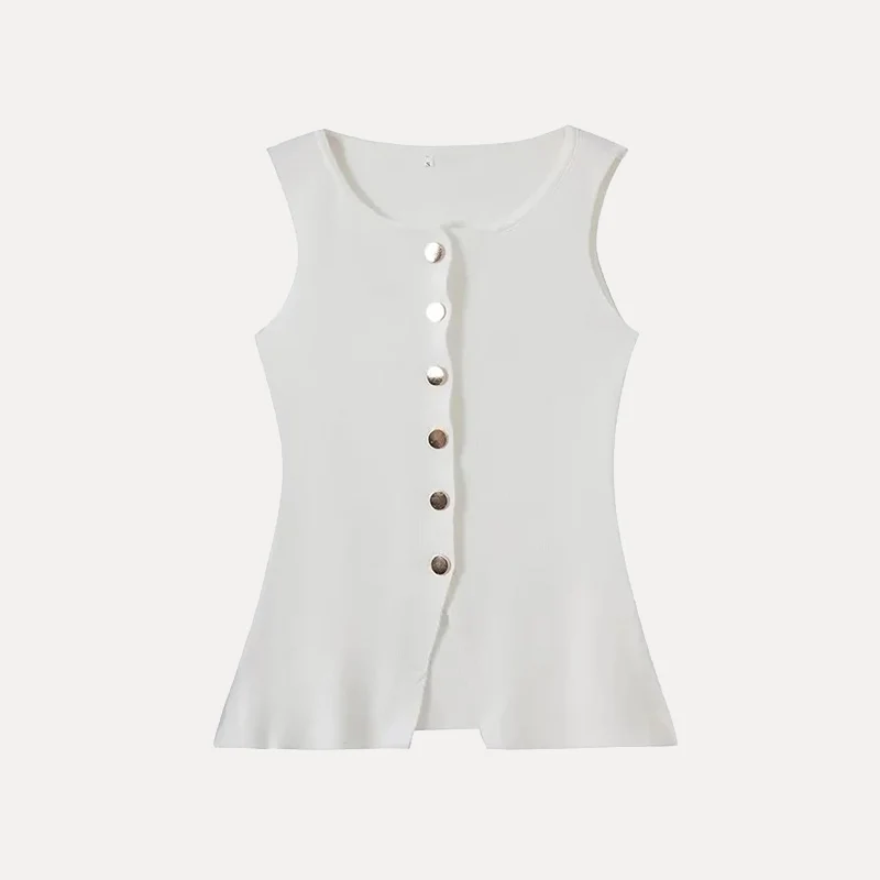Printemps 2025 femmes Faion Simple bouton doré aiguille plate tricoté gilet haut polyvalent fibre de Polyester 00% Match tous les Sles