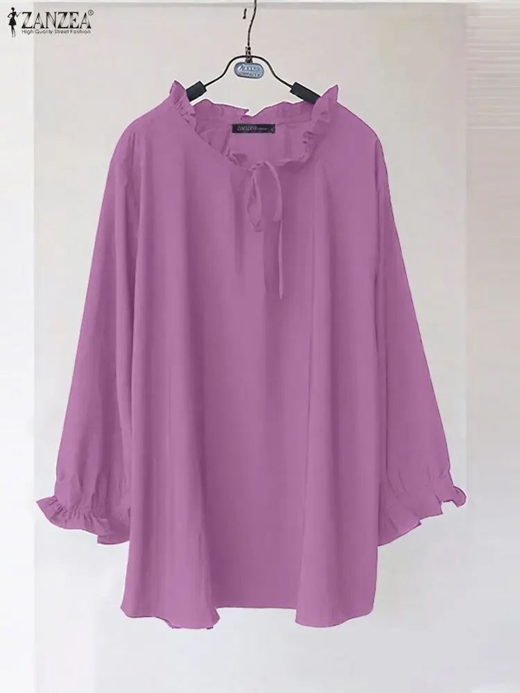 ZANZEA Women Elegant Blouses Fashion Solid Color Tops 2025 Lace-Up Pullover Autumn Office Work Blusas Casual Loose Ruffled Tunic