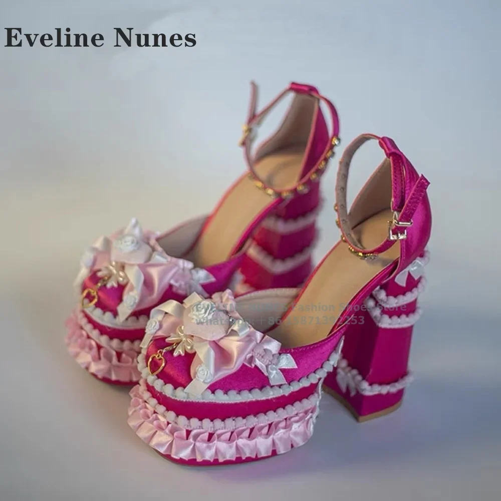 Platform Rhinestone Buckle Strap Lolita Pumps Round Toe Height Increasing Shallow Flower Ruffles Women Mary Janes 2024 Newest view 3