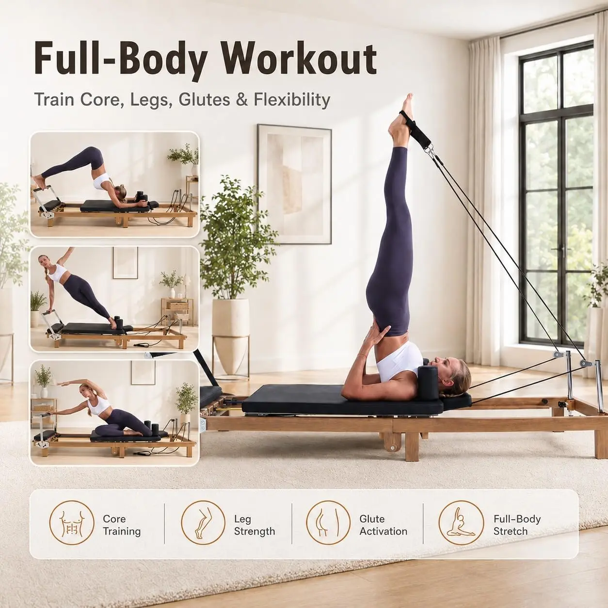 Foldable Pilates Reformer –90% Pre-Assembled Home Gym Women Men Workouts Bundle, Wood Grain Metal Frame，Dual Resistance System (