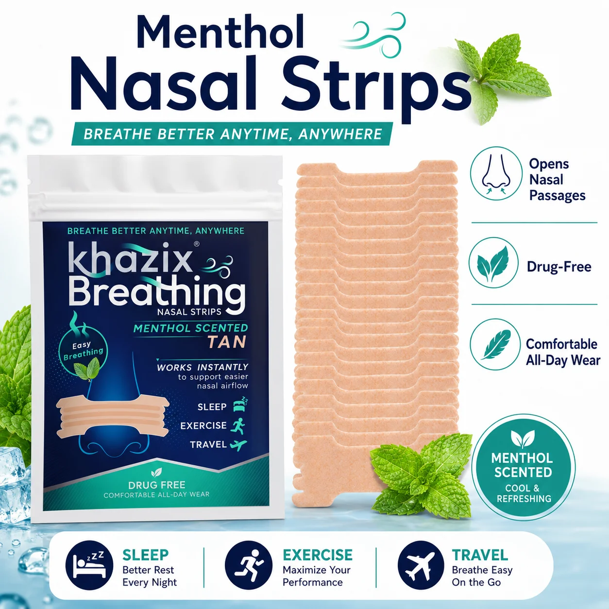 30PCS Menthol Nasal Strips for Easier Breathing, Comfortable Nose Strips for Sleep Exercise Travel Daily Use