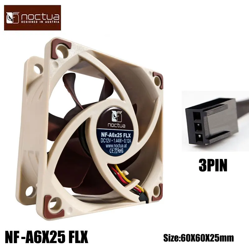 Noctua NF-A6X25 60x60x25mm 12 V/5 V 3pin/4pin PWM Intelligente Temperatuurregeling SSO Magnetisch Stabiel Lager 6 CM Fan