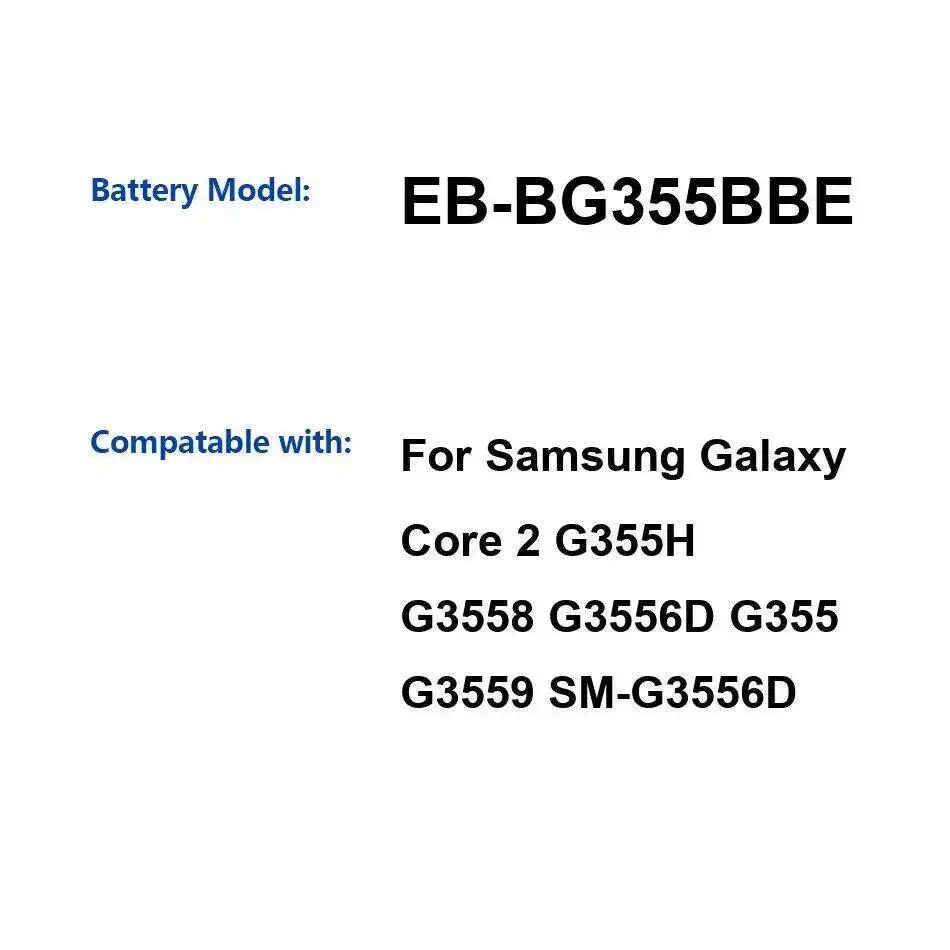 

EB-BG355BBE Аккумулятор для мобильного телефона большой емкости для Samsung Galaxy Core 2 G355H G3558 G3556D G355 G3559 SM-G3556D 2000 мАч