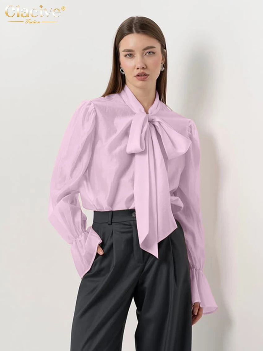 Clacive Sexy Loose White Women's Shirt 2026 Fashion Bow Collar Long Sleeve Shirts Elegant See Through Solid Top Female Clothing