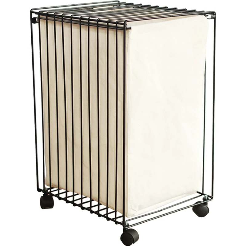 Nordic Wrought Iron  Dirty Clothes Storage Basket Hamper with Wheels Laundry Storage Storage Baskets with Linen Bag 3 Colors