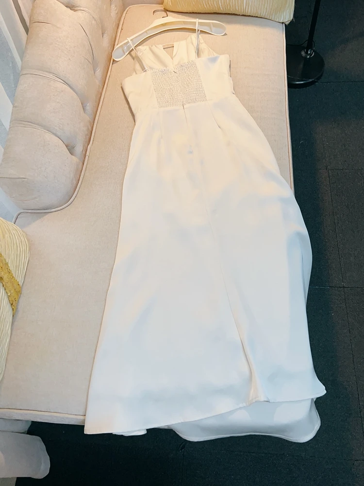 فستان أنيق مفرغ من الساتان الأبيض بدون أكمام بتصميم ملفوف على الخصر على الطراز الفرنسي فستان طويل للنساء في منتصف العشرينات #3