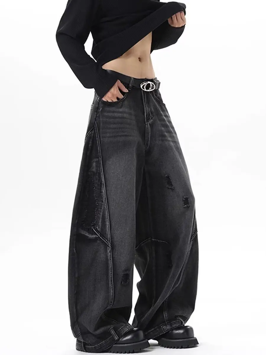 المرأة السوداء القوطية فضفاض ايمو Y2k ممزق الجينز الجرونج جان السراويل خمر Harajuku كبيرة الحجم سراويل جينز الملابس البديلة #3