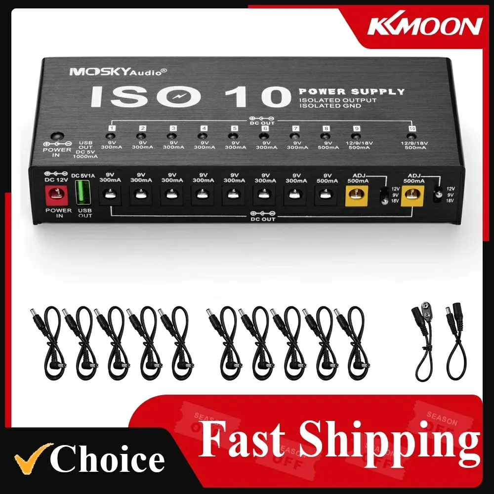 MOSKY ISO-10 Guitar Effect Pedal Power Supply 10 Isolated DC Outputs/ 5V USB Output for 9V 12V 18V Protection Guitar Accessories