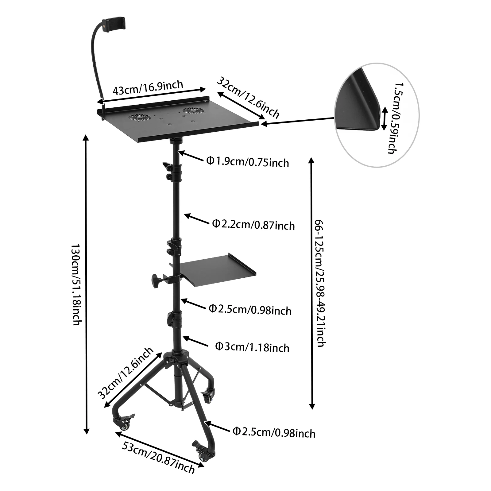 Support de projecteur réglable en hauteur pour ordinateur portable, support de sol avec roues omnidirectionnelles et plateau pour chambre à coucher, salon, bureau