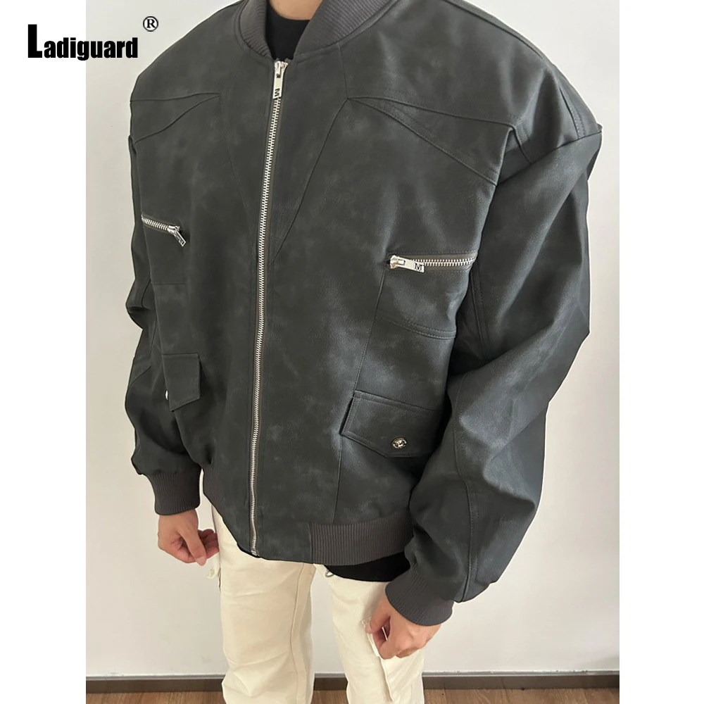 Ladiguard 2024 New Pu Jackets Black Soft Faux Leather Outerwear Men Fashion Zip Up Coats Kpop Moto&Biker Jacket Men's Overcoats