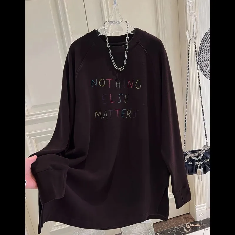 Oversize Long Sleeve T-Shirt Embroidered Letter Split Hem Casual Style for Men And Women Breathable Spring Autumn Top