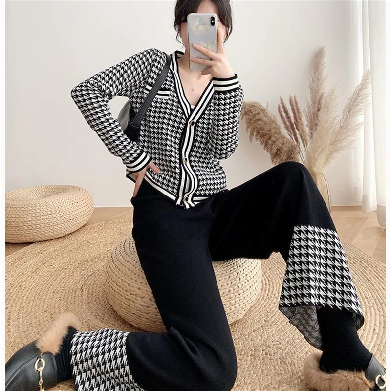 Loose Fashion Plaid Knitted 2 Piece Set Spring Fall Casual V-neck Short Cardigan Conjuntos Women Korean Wide Leg Pants Outfits