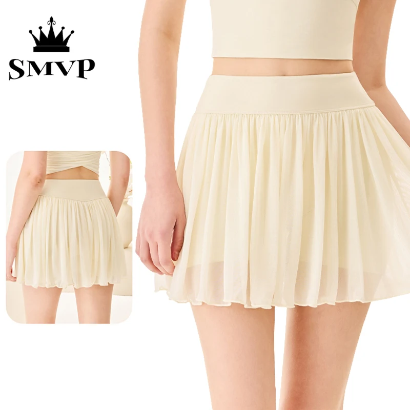 

Smvp summer new fake two-piece high-waist solid color cake edge sports skirt, fitness yoga badminton women's clothing