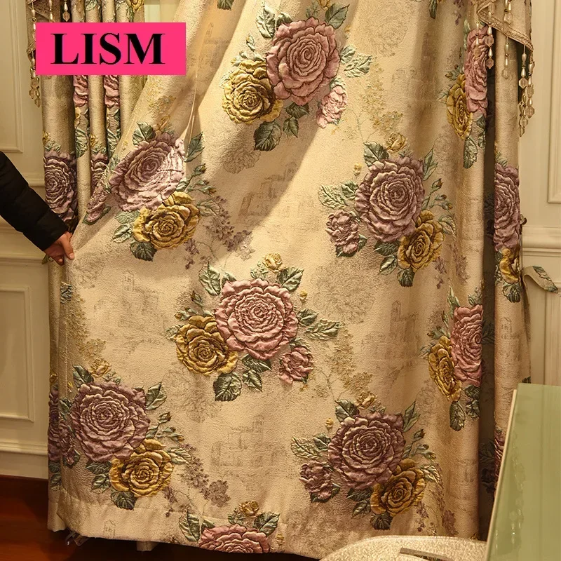 

European Luxury 4D Large Relief High-precision Jacquard Curtains Bedroom Living Room Valance Blackout Decor Custom White Tulle