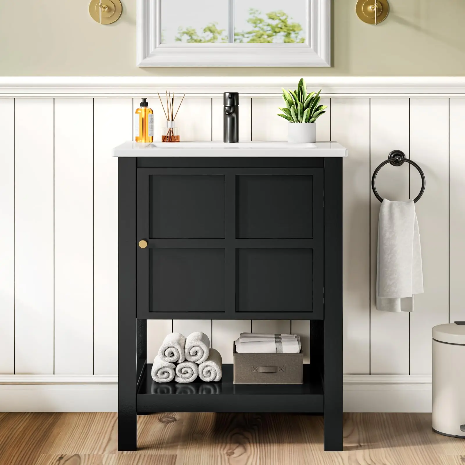 24 Inch Bathroom Vanity with Sink, Small Farmhouse Cabinet, Black