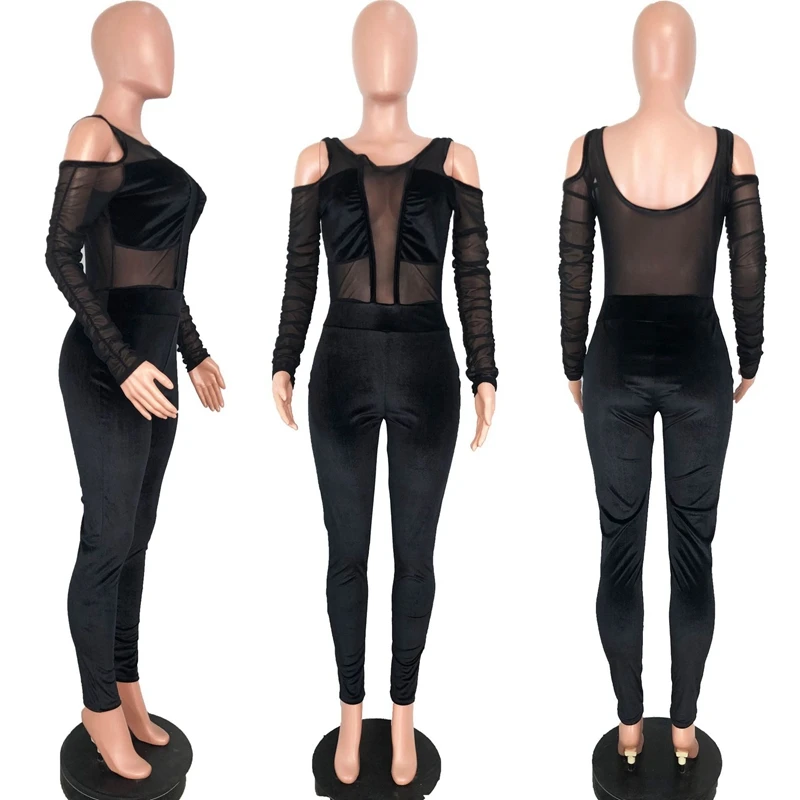 Elegante Sexy Macacões para As Mulheres 2022 Manga Longa Patchwork Malha Preto Bodycon Macacão Macacão Backless Party Club Macacão