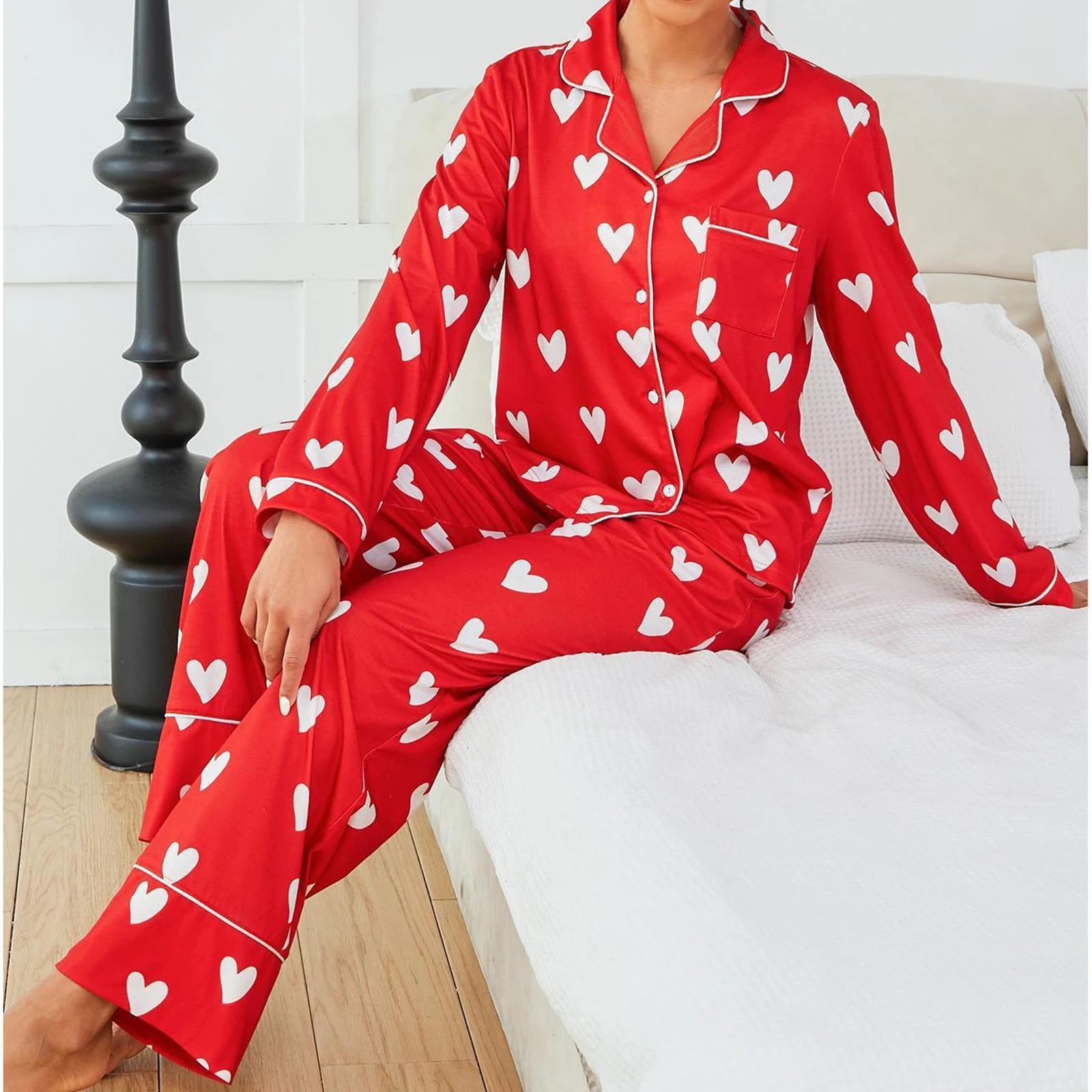 HEZIOWYUN Women's 2Piece Heart All-over Print Loungewear Pjs Set Long Sleeve Lapel Button Down Tops+Elastic Waist Straight Pants