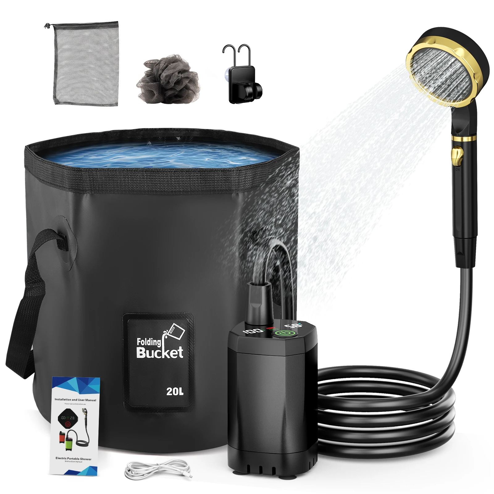 Tragbare Campingdusche mit wiederaufladbarer Pumpe, 6000 mAh, Outdoor-Duschset mit 20 l faltbarer Tasche für Reisen, Garten und Autowäsche