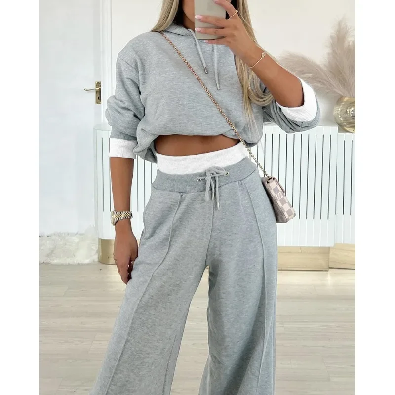 Spring Autumn New Solid Loose Suit Women Sexy Long Sleeve Hooded Pullover Sweatshirt Top Drawstring High Waist Pocket Pants Suit