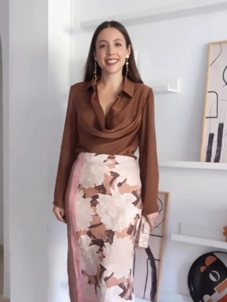 

HH Women's New Fashion Versatile Silk Texture Drape Slim Shirt Female Temperament Elegant Lapel Sexy Casual Long Sleeve Shirt