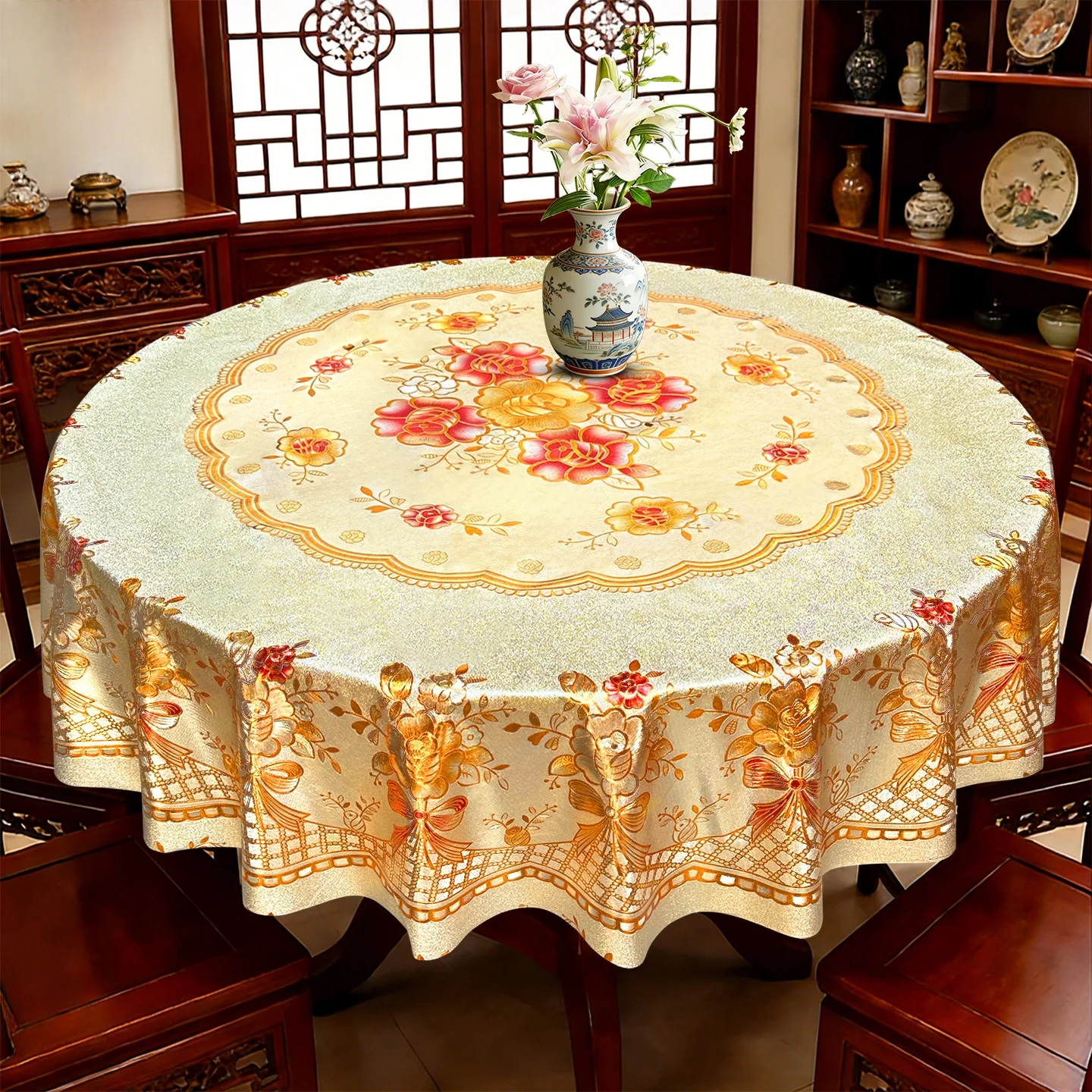 

Waterproof Oil-resistant round Tablecloth Non-washable Home Dining Tablecloth Luxury Sensation New 2025 Floral Print PVC Mate...