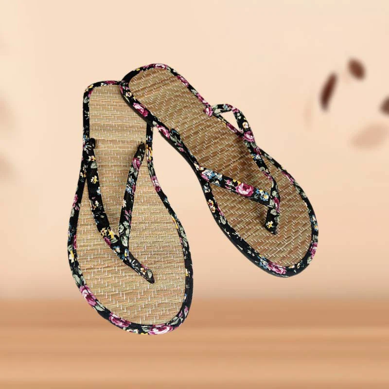 Ladies Straw Mat Slippers Fashion Floral Strap Flat Flip Flops 2024 Summer Newest Leisure Rattan Grass Weave Home Slippers