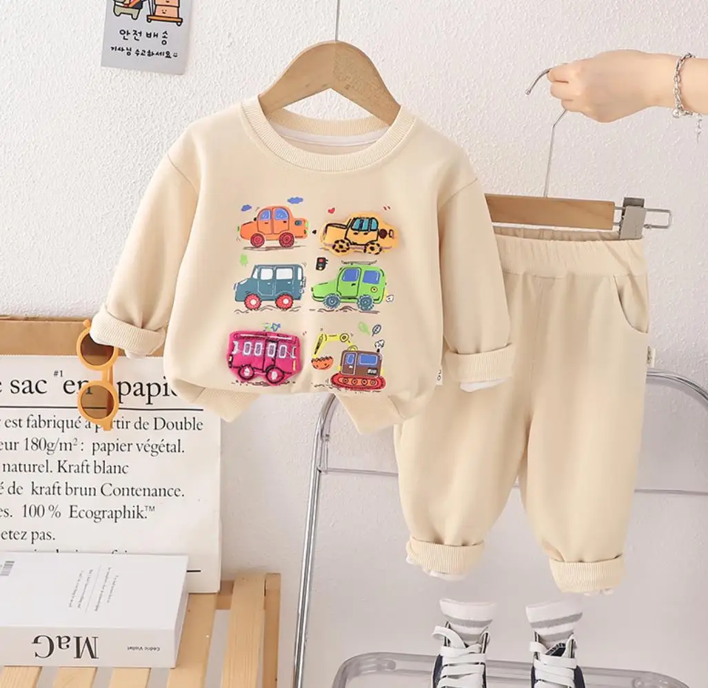 Boys Casual Tracksuits 1 To 5 Years Cartoon Embroidery O-neck Long Sleeve T-shirts+Pants Two Piece Set Kids Baby Clothes Outfits