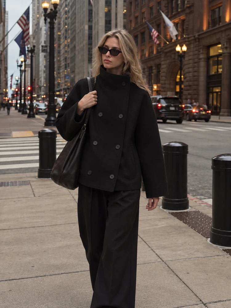 HH Women Black Warm Wool Coat Vintage Double Breasted Simple Basic Stand Collar Outerwear Autumn Winter Office Commute Jacket