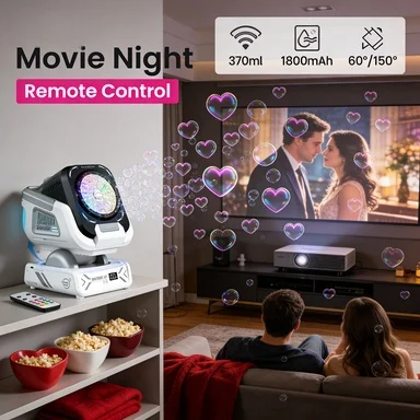 Máquina de Burbujas con Control Remoto (Actualización 2026): Luces RGB, Rotación Automática, Recargable de 1800 mAh, USB-C, Uso en Exteriores