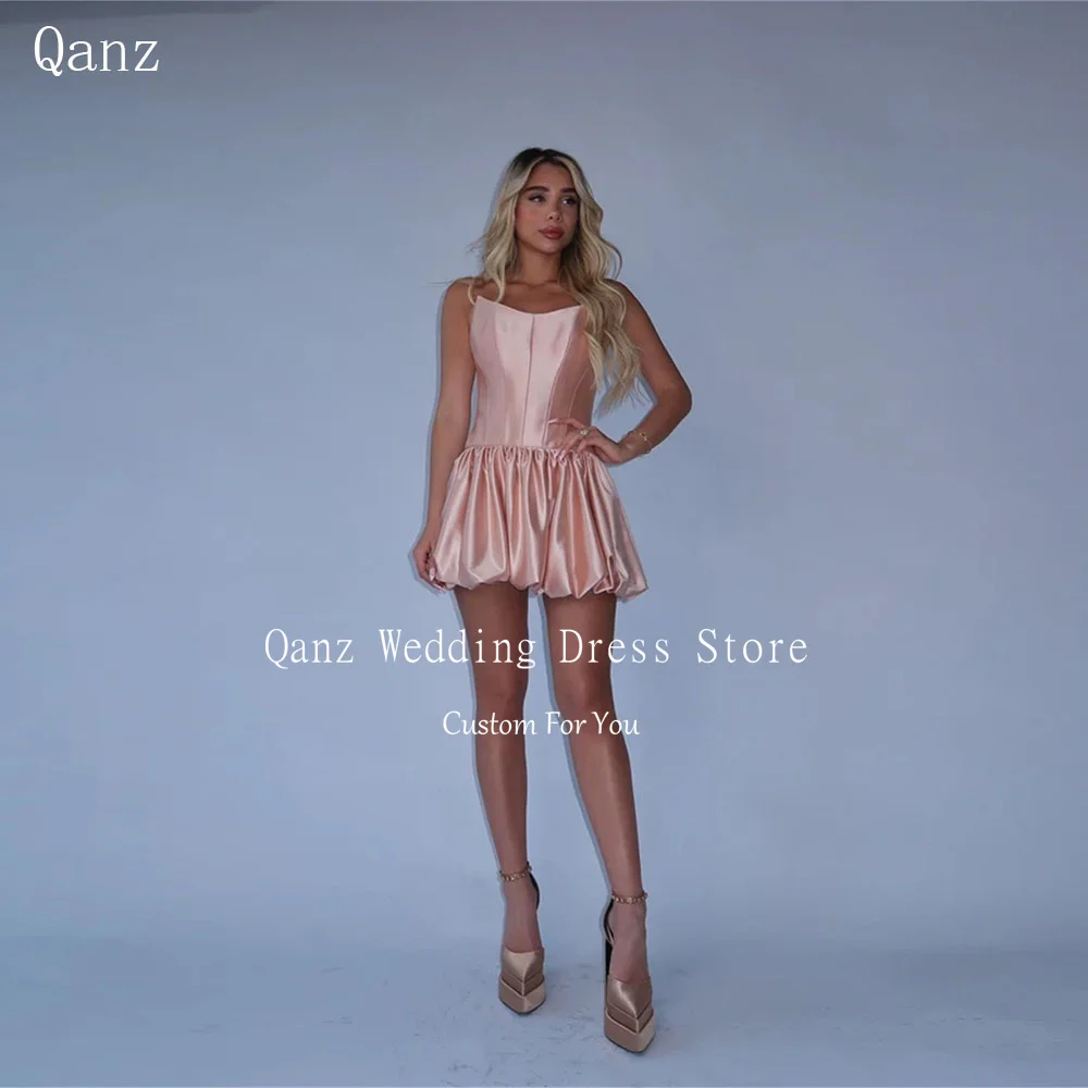 

Qanz Nude Pink Cute Prom Dress Short A Line Dresses For Birthday Luxury Mini Satin Strapless Homecoming Dresses Customized