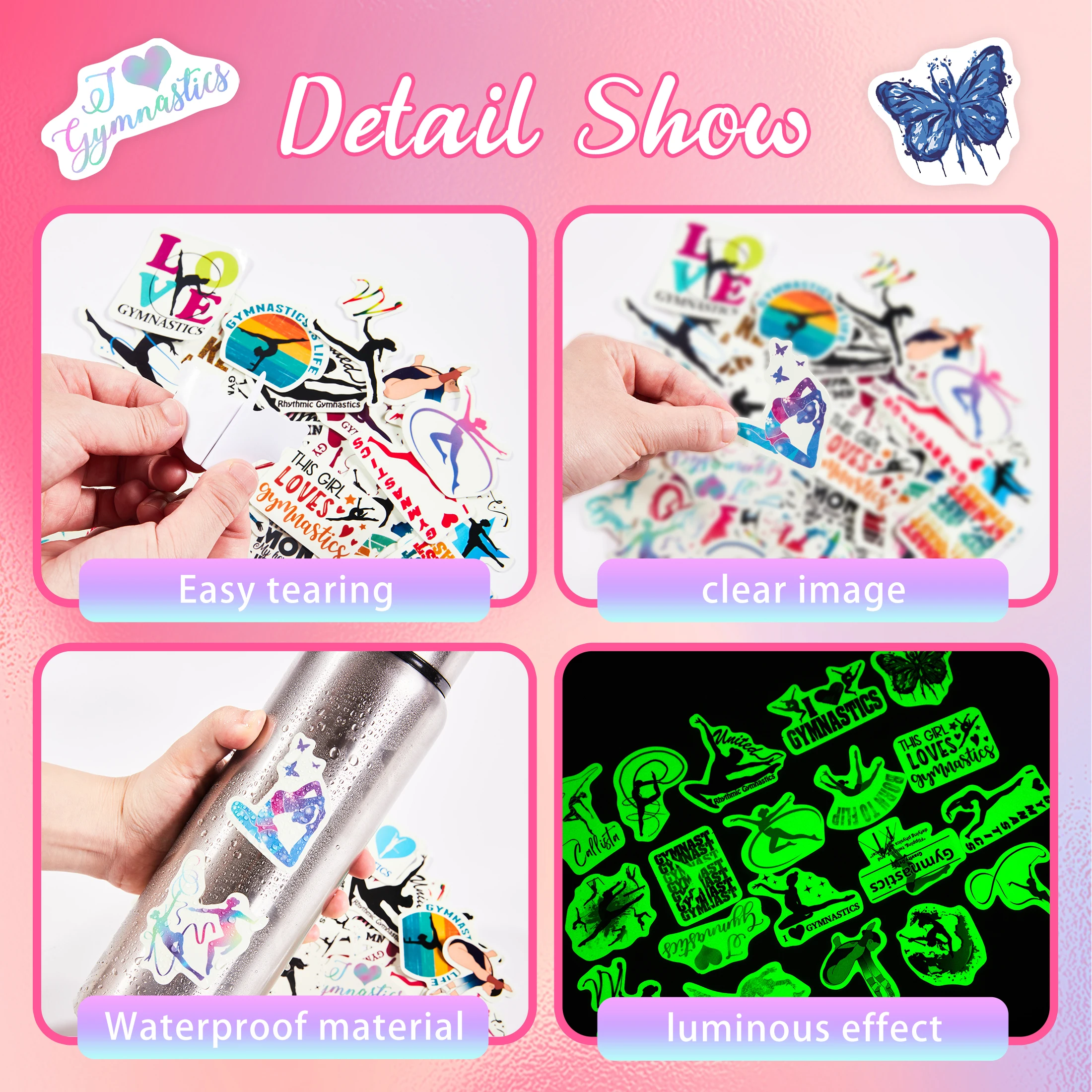 50pcs Glow in The Dark Pieces Gymnastics Stickers, Waterproof Vinyl Gymnast Stickers, Gymnastics Gifts for Gilrs Teens Sticker