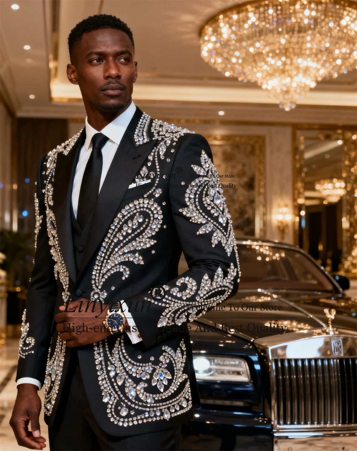 

Sparkly Beaded Crystals Men Suits 3 Pieces Set Wedding Groom Tuxedos Slim Fit Male Prom Blazers Customized Outfit Costume Homme