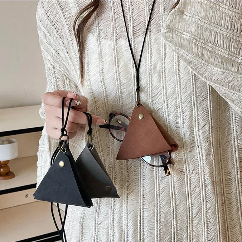 Vintage Suede Minimalist Long Necklace Korean With Hanging Neck Triangle Bag Pu Key Wallets Portable Solid Color Mini Coin Purse