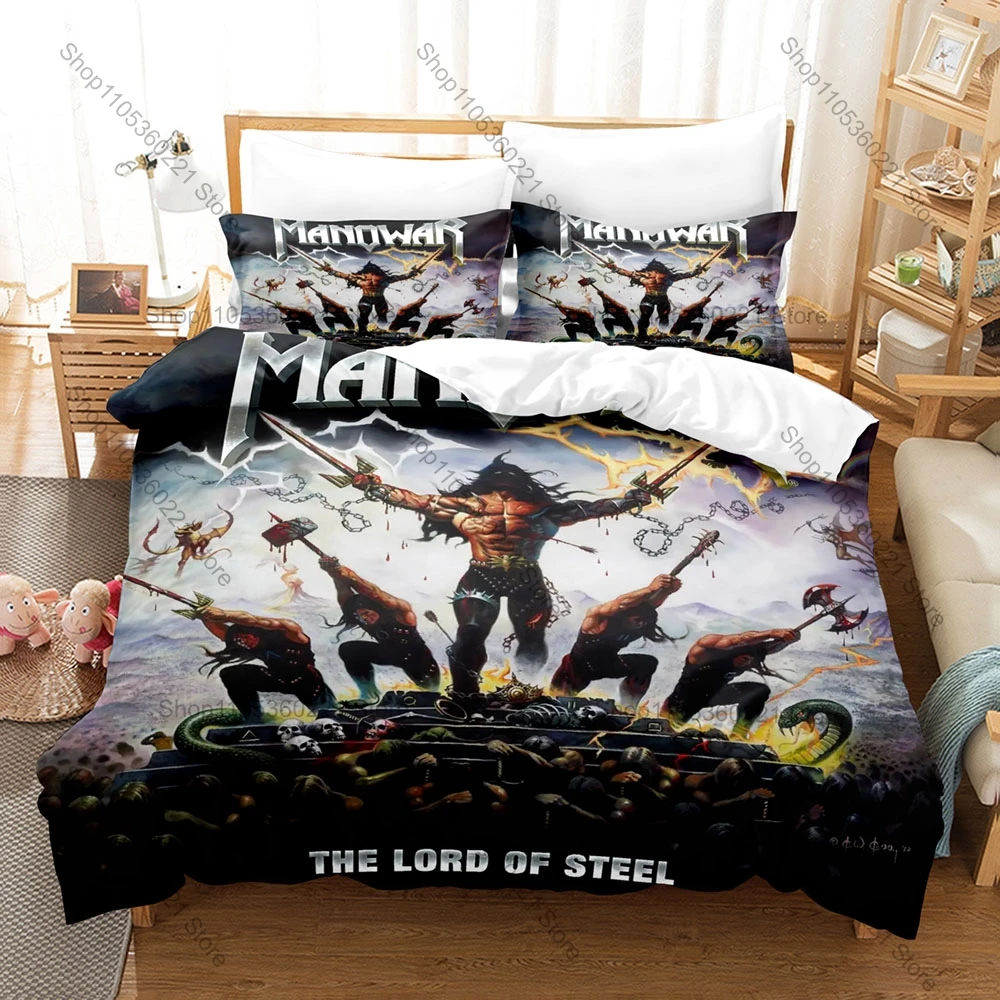 Manowar 3Pcs Bedding Set Duvet Cover 2 Pillowcases Kings Of Metal Battle Hymns Vintage Album Cover Graphic Dorm Linen For Metal