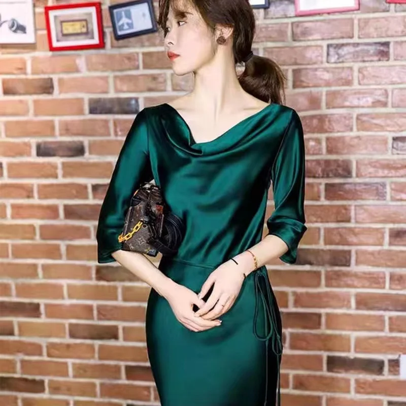 

Female Clothing Spring And Summer New Acetate Satin Dress Swing Collar Three-quarter Sleeves Waist Tie Solid Color Elegant Dress