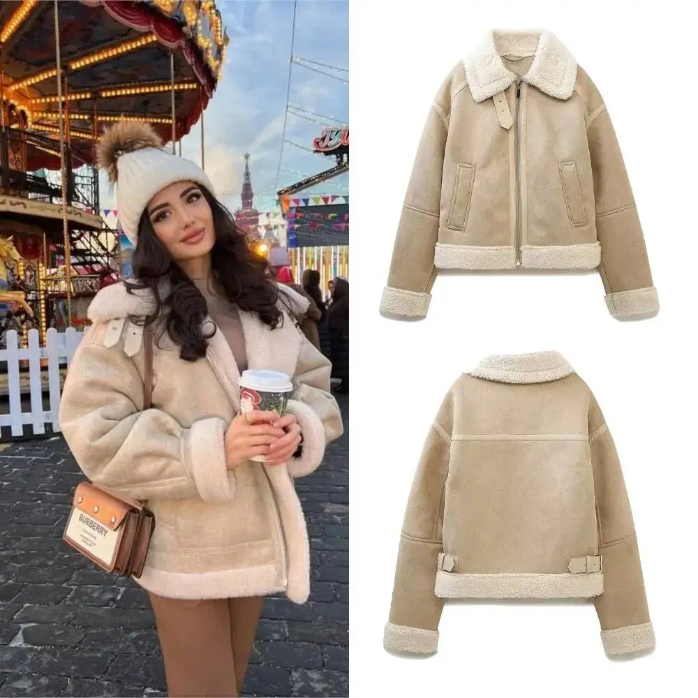 

Wool Lamb Short Jacket For Women Long Sleeve Lapel Zipper Pocket Belt Fashion Coats Fall Winter Streetwear Female All-Match Coat