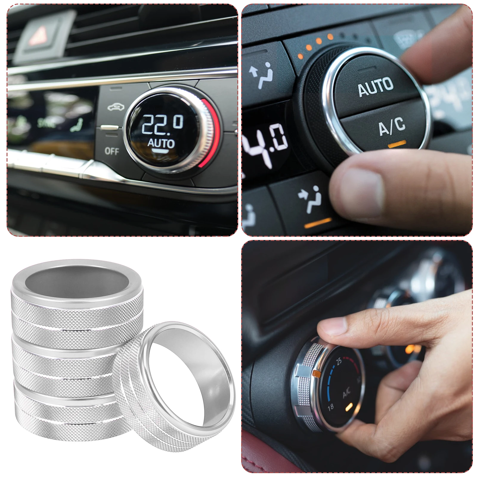 

4pcs Air Conditioner Knob Cover Aluminum Alloy Car Interior Button Trim Ring Protect Scratches Easy Installation Wide