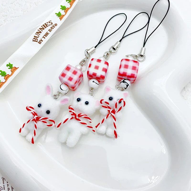 Christmas Kawaii 3D Flocking Cat Phone Lanyard Cute Rabbit Bear Bow Mobile Phone Chain Cellphone Strap Keychain Bag Pendant