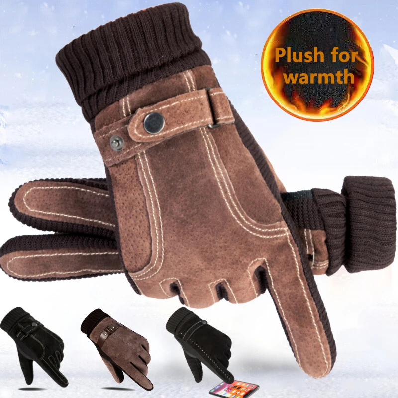 Luvas masculinas de inverno camurça manter quente tela sensível ao toque à prova de vento condução guantes grosso pelúcia anti deslizamento ao ar livre luvas de couro masculino