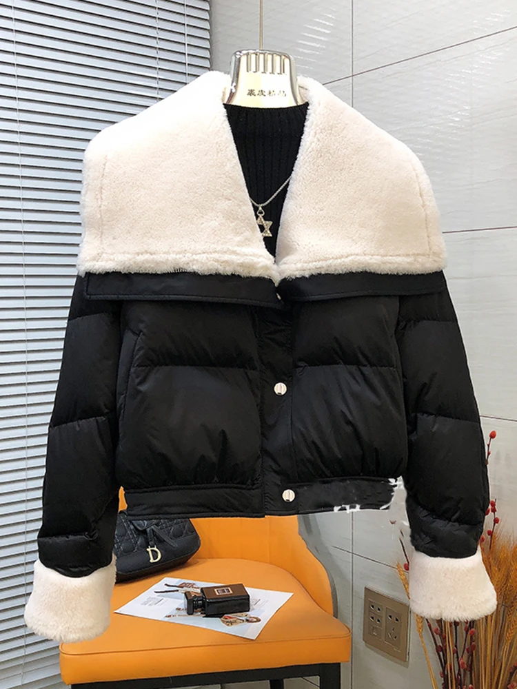 2025 inverno quente casaco feminino grosso ganso para baixo jaqueta real grande merino gola de pele carneiro jaqueta feminina streetwear