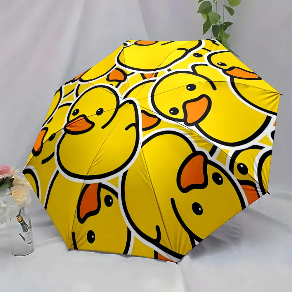 1PC Bright Yellow Ducky Umbrella for Rainy Days Print 8 Iron Ribs Folding Umbrella Auto-Open Fashion Sunshade